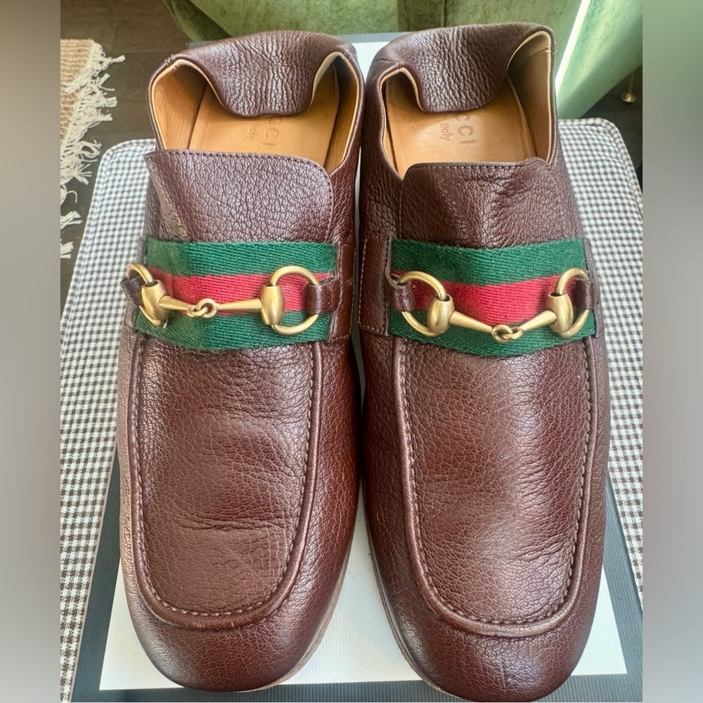 Gucci-Brown Leather Bonny Loafers-G/R/G Web,Gold HB & Collapsible Heel  10.5 - Picture 5 of 14